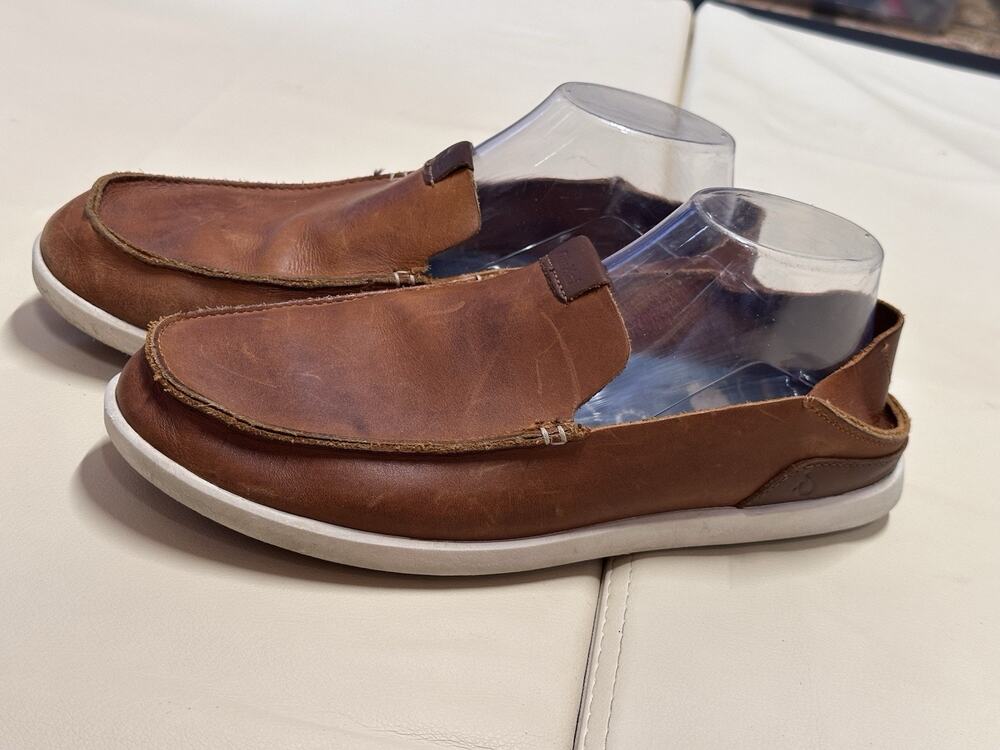 Olukai Nalukai Brown Leather Slip On Drop in Heel Loafer Shoes Men's Size US 9
